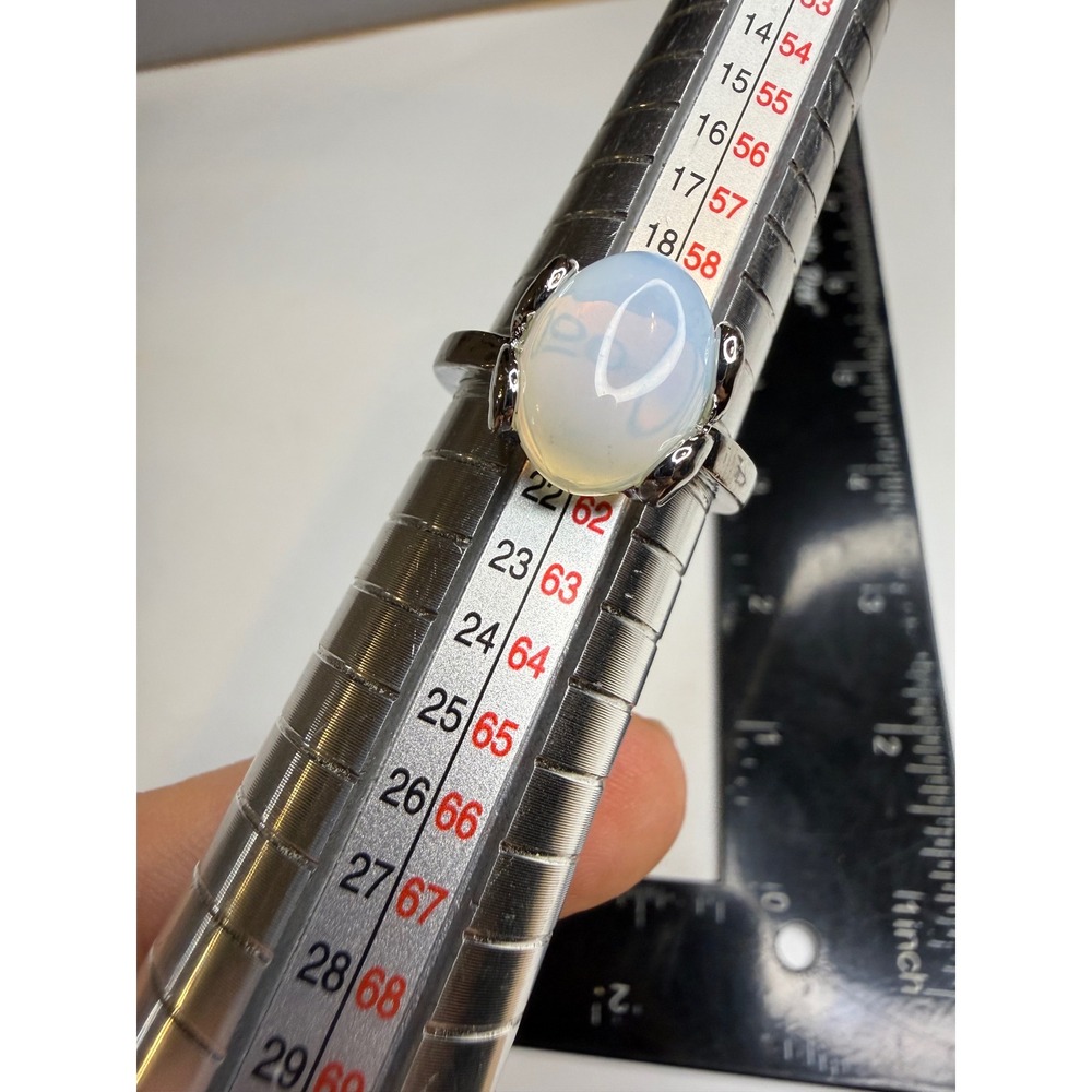 Oval Opalescent Cabochon Ring Silver Tone Textured Band Size 5.75